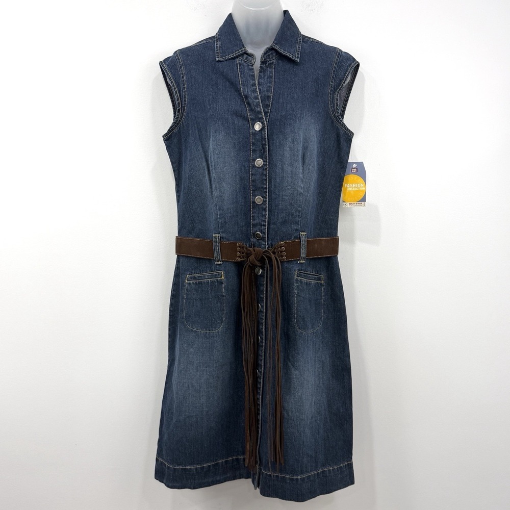 VTG Y2K Faded Glory Denim Shirtdress 10 NWT Western Cowgirl Fringe Belt Country